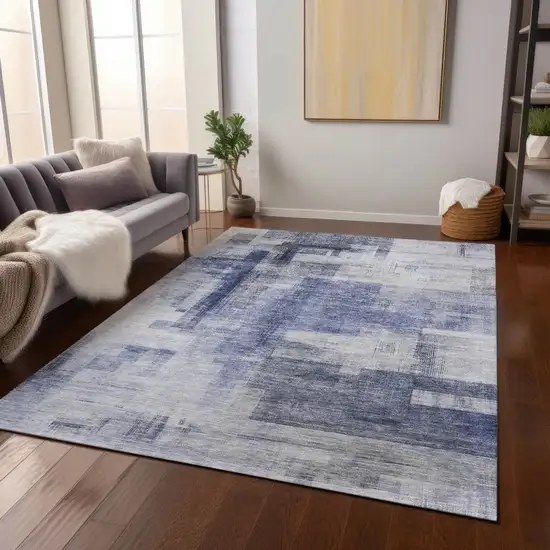 Denim Blue And Ivory Abstract Washable Indoor Outdoor Area Rug Photo 9