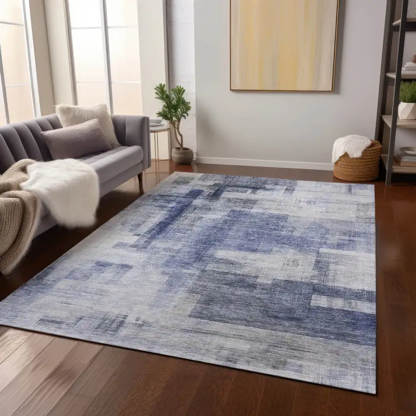 Denim Blue And Ivory Abstract Washable Indoor Outdoor Area Rug Photo 9