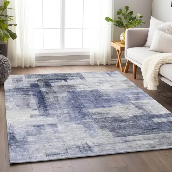 Denim Blue And Ivory Abstract Washable Indoor Outdoor Area Rug Photo 8