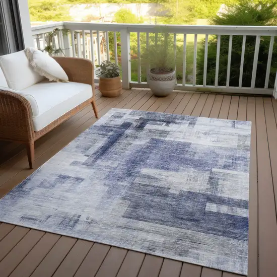 Denim Blue And Ivory Abstract Washable Indoor Outdoor Area Rug Photo 7