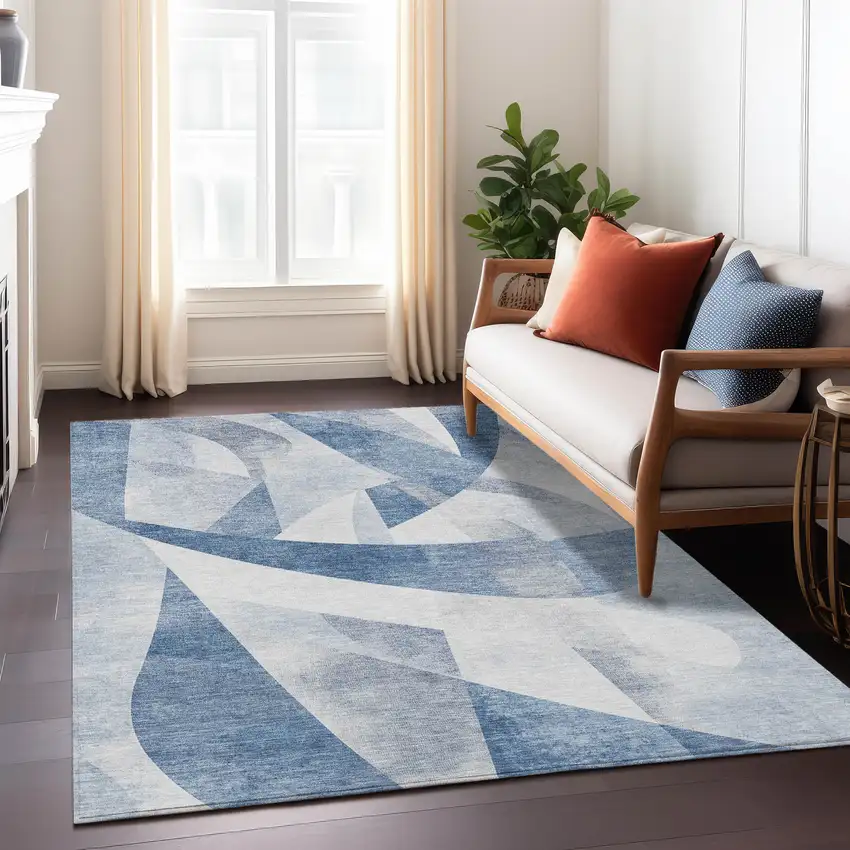 Denim Blue And Ivory Abstract Washable Indoor Outdoor Area Rug Photo 6
