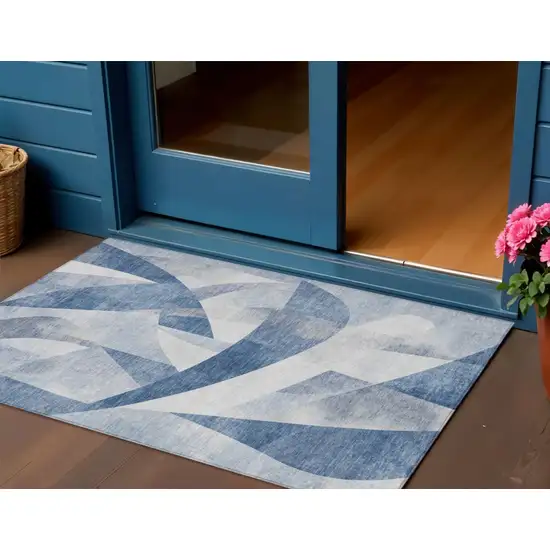 Denim Blue And Ivory Abstract Washable Indoor Outdoor Area Rug Photo 2