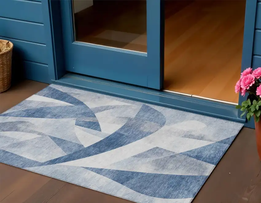 Denim Blue And Ivory Abstract Washable Indoor Outdoor Area Rug Photo 2