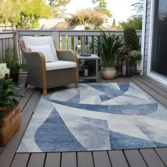 Denim Blue And Ivory Abstract Washable Indoor Outdoor Area Rug Photo 8