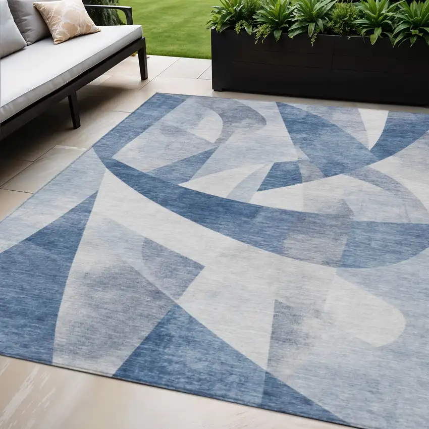 Denim Blue And Ivory Abstract Washable Indoor Outdoor Area Rug Photo 2