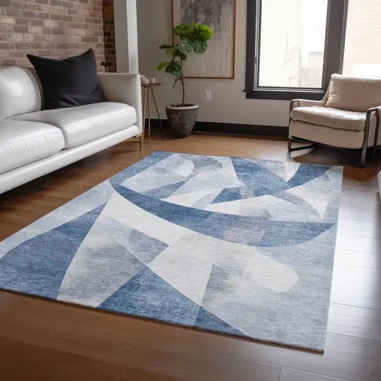 Denim Blue And Ivory Abstract Washable Indoor Outdoor Area Rug Photo 5