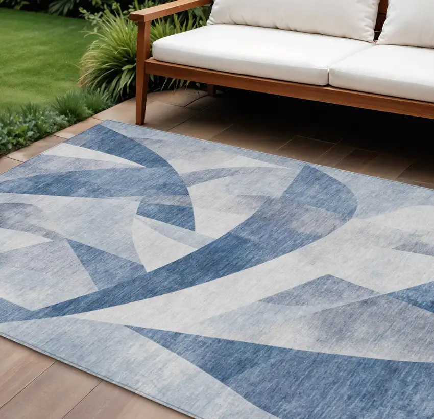 Denim Blue And Ivory Abstract Washable Indoor Outdoor Area Rug Photo 2