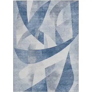 Photo of Denim Blue And Ivory Abstract Washable Indoor Outdoor Area Rug