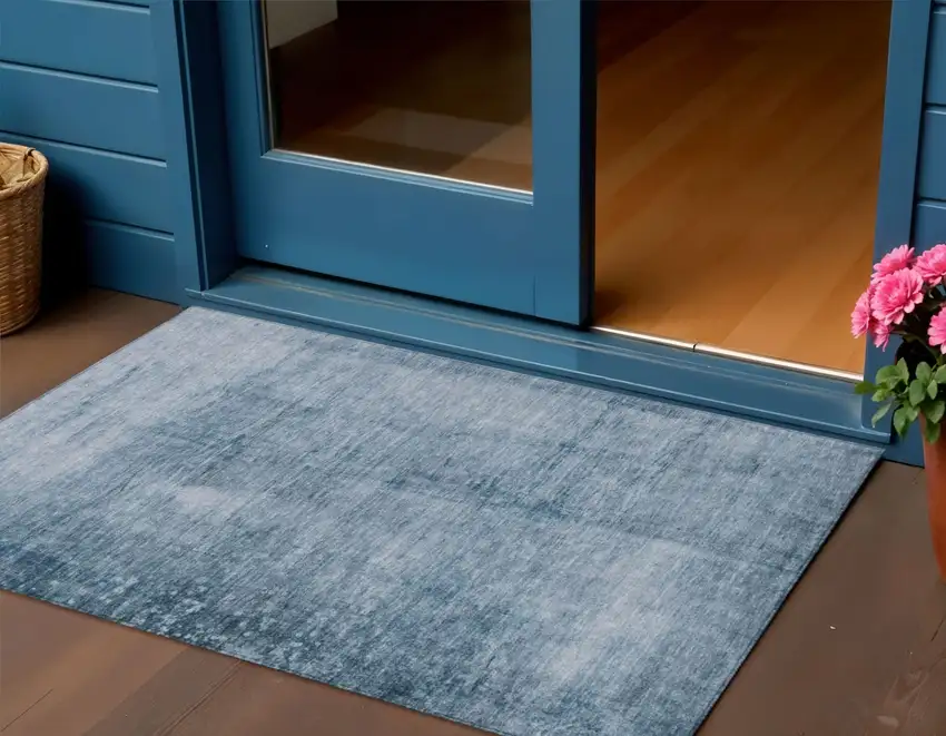 Denim Blue And Ivory Abstract Washable Indoor Outdoor Area Rug Photo 2