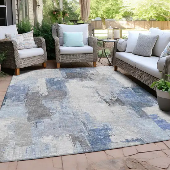 Denim Blue And Ivory Abstract Washable Indoor Outdoor Area Rug Photo 5
