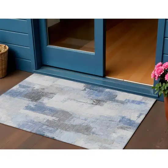 Denim Blue And Ivory Abstract Washable Indoor Outdoor Area Rug Photo 2