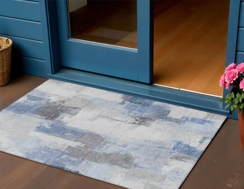 Denim Blue And Ivory Abstract Washable Indoor Outdoor Area Rug Photo 2