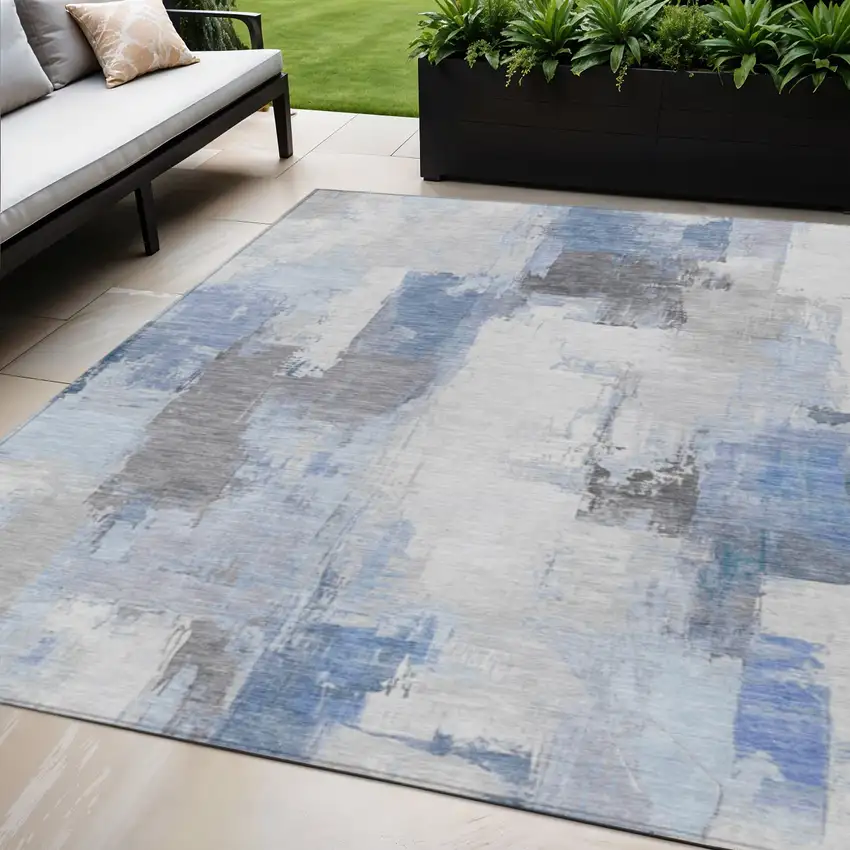 Denim Blue And Ivory Abstract Washable Indoor Outdoor Area Rug Photo 2