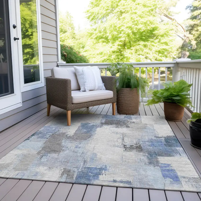 Denim Blue And Ivory Abstract Washable Indoor Outdoor Area Rug Photo 7