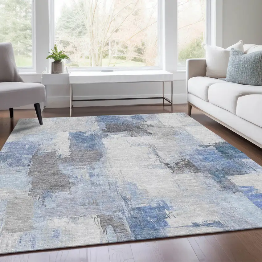Denim Blue And Ivory Abstract Washable Indoor Outdoor Area Rug Photo 6
