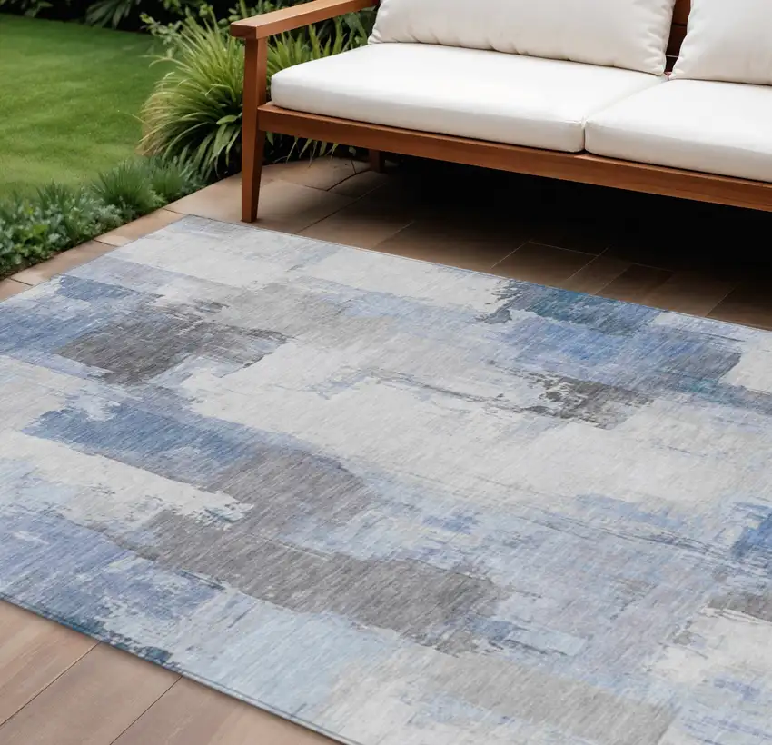 Denim Blue And Ivory Abstract Washable Indoor Outdoor Area Rug Photo 2