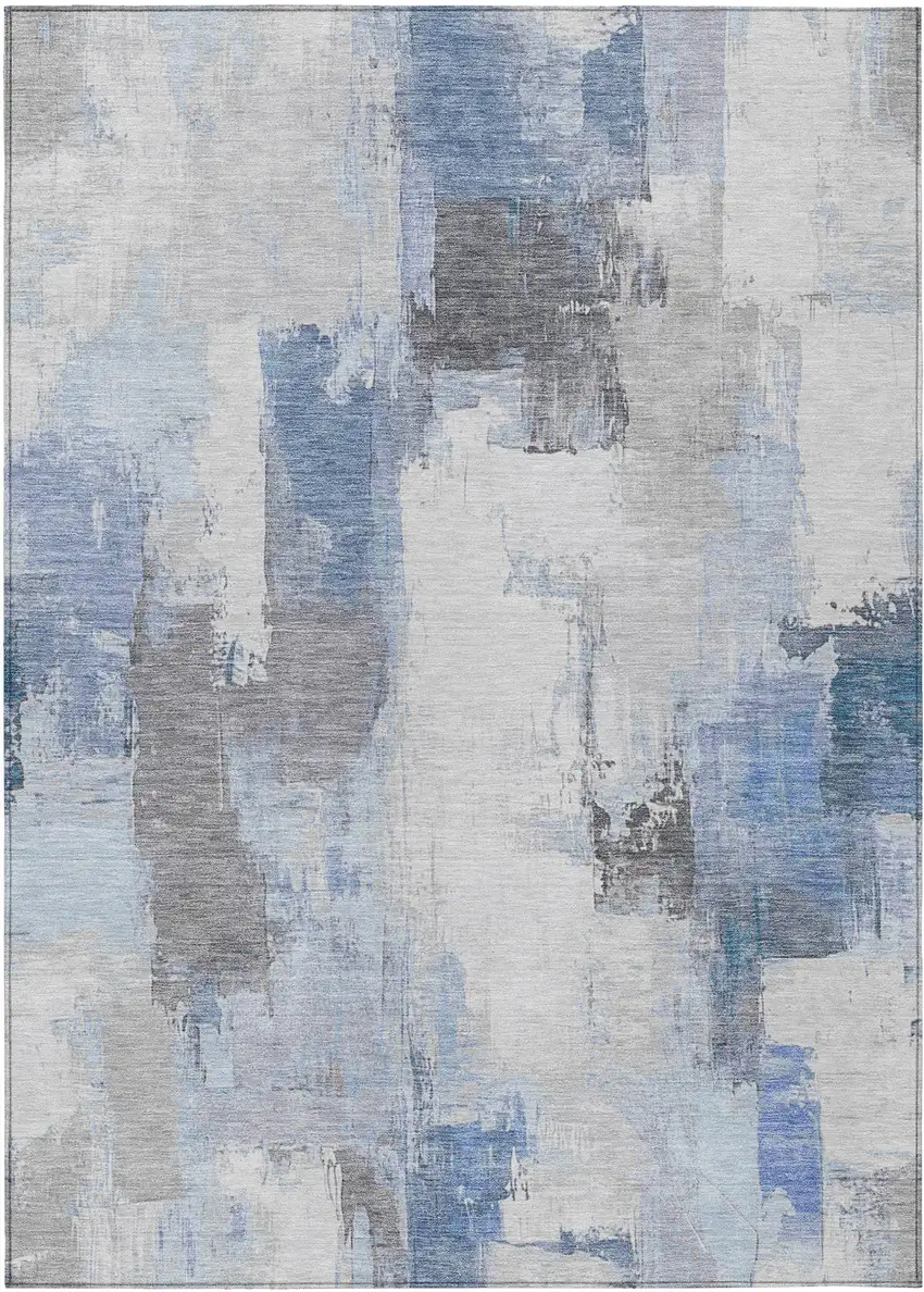 Denim Blue And Ivory Abstract Washable Indoor Outdoor Area Rug Photo 1