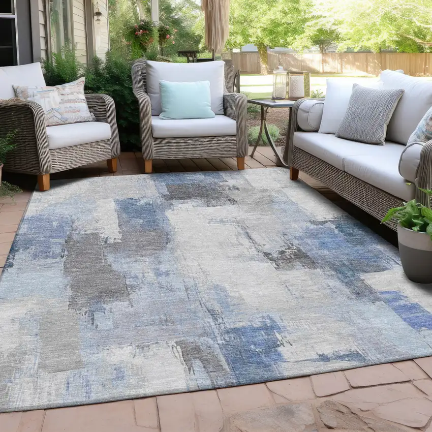 Denim Blue And Ivory Abstract Washable Indoor Outdoor Area Rug Photo 4
