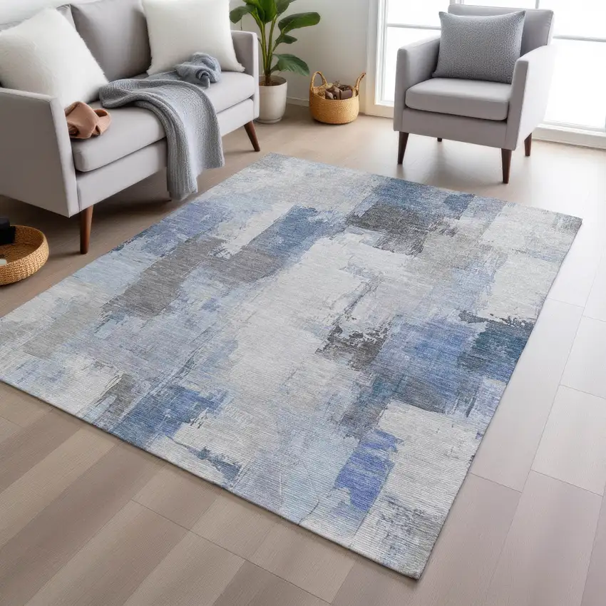 Denim Blue And Ivory Abstract Washable Indoor Outdoor Area Rug Photo 5