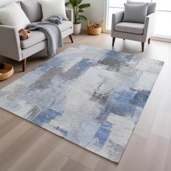 Denim Blue And Ivory Abstract Washable Indoor Outdoor Area Rug Photo 5