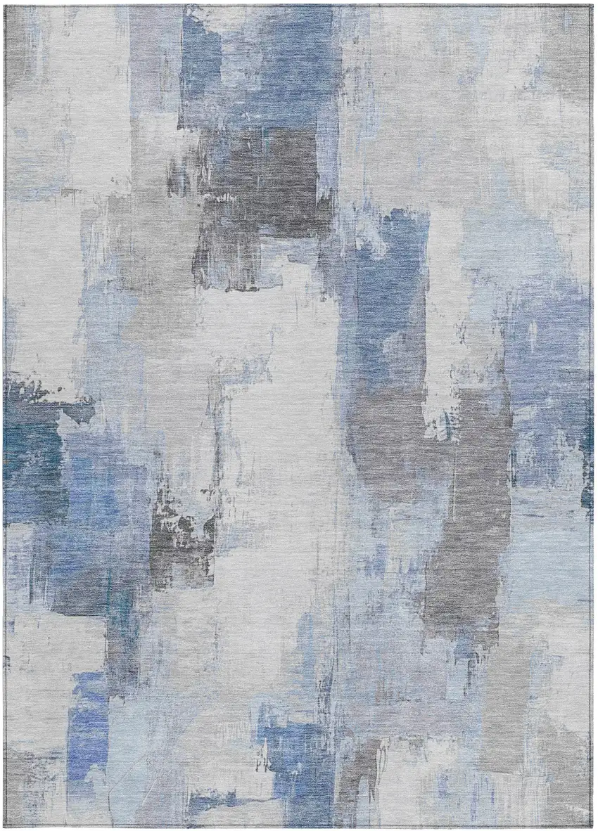 Denim Blue And Ivory Abstract Washable Indoor Outdoor Area Rug Photo 1