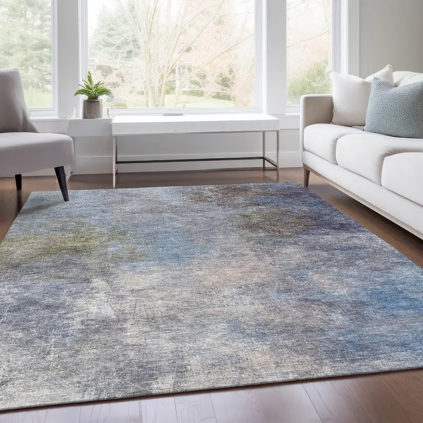 Denim Blue And Ivory Abstract Washable Indoor Outdoor Area Rug Photo 7