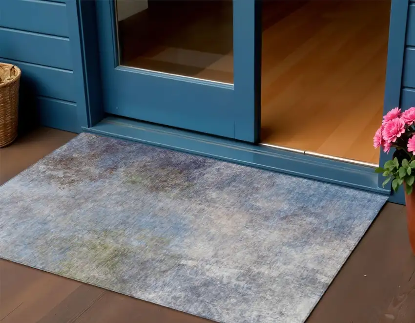 Denim Blue And Ivory Abstract Washable Indoor Outdoor Area Rug Photo 2