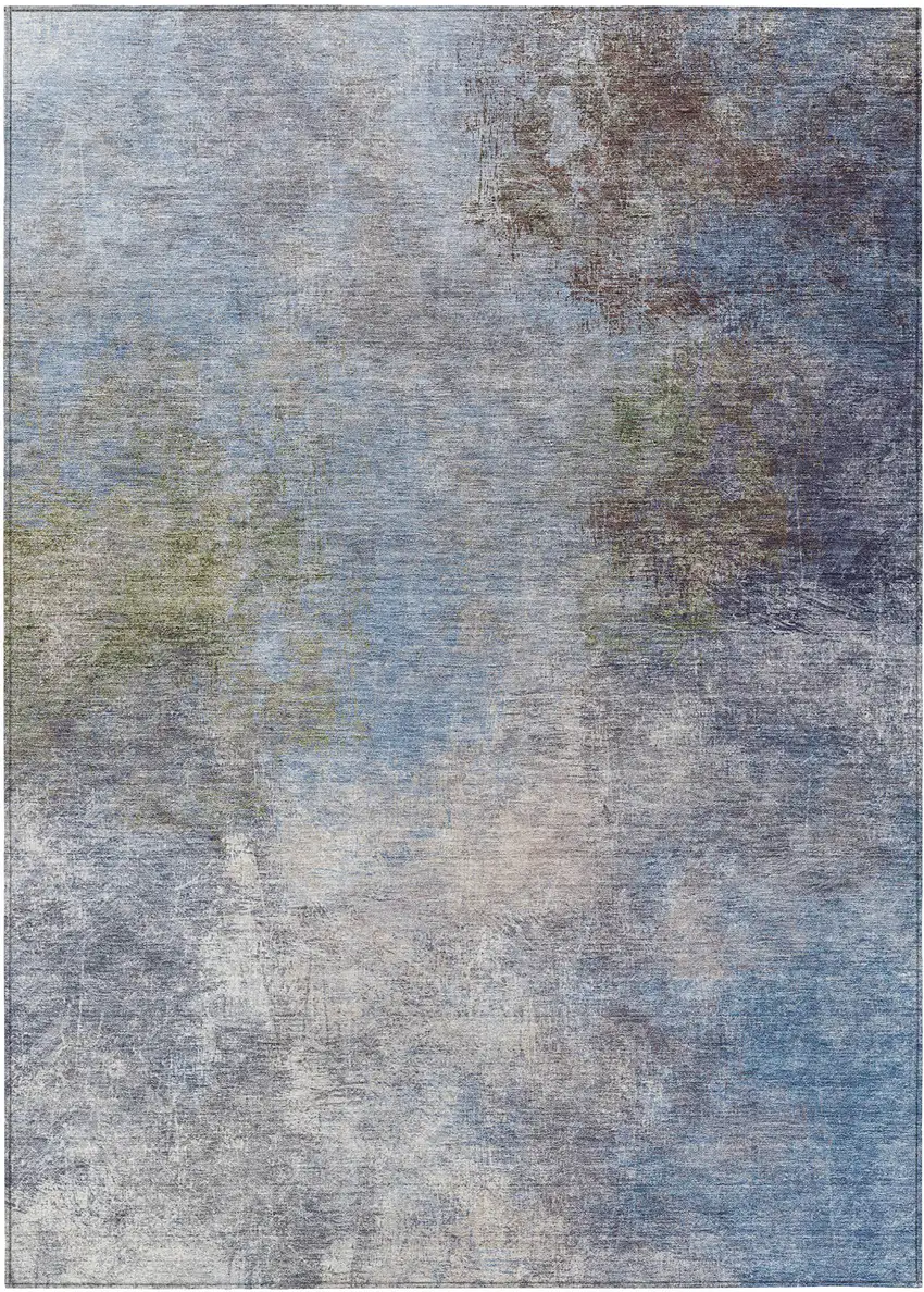 Denim Blue And Ivory Abstract Washable Indoor Outdoor Area Rug Photo 1