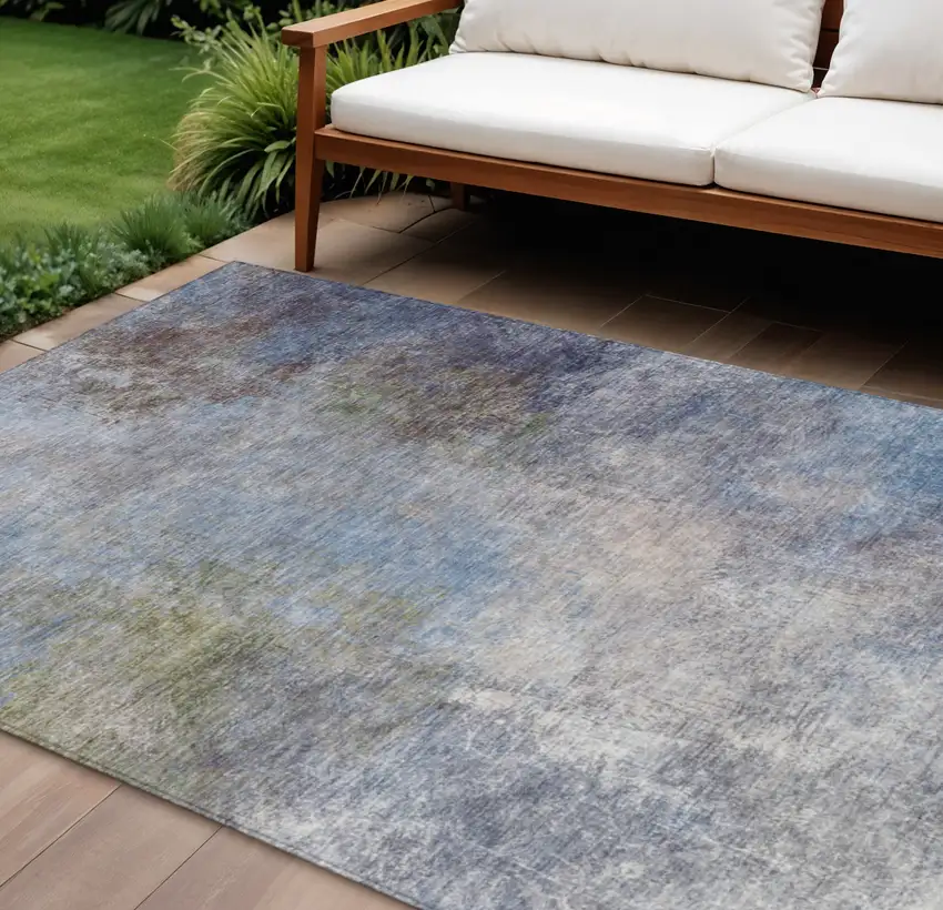 Denim Blue And Ivory Abstract Washable Indoor Outdoor Area Rug Photo 3