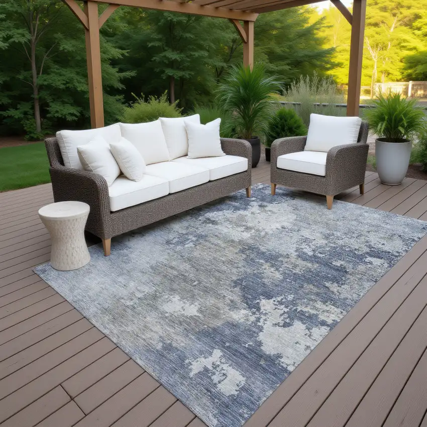 Denim Blue And Ivory Abstract Washable Indoor Outdoor Area Rug Photo 6