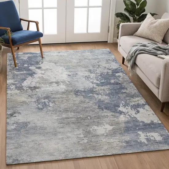 Denim Blue And Ivory Abstract Washable Indoor Outdoor Area Rug Photo 4
