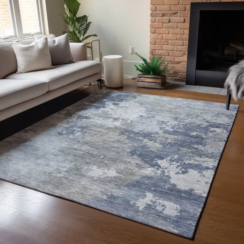 Denim Blue And Ivory Abstract Washable Indoor Outdoor Area Rug Photo 5