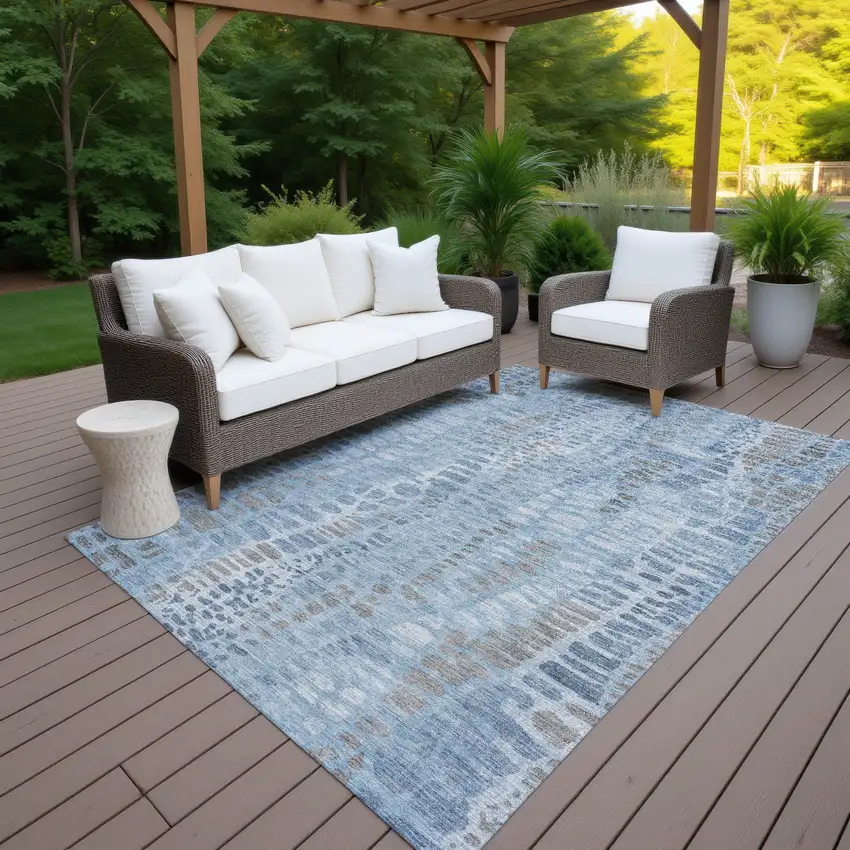 Denim Blue And Ivory Abstract Washable Indoor Outdoor Area Rug Photo 7