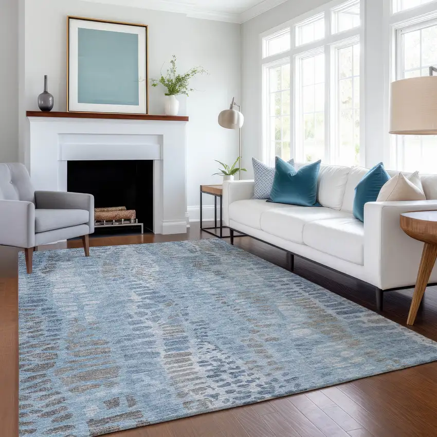 Denim Blue And Ivory Abstract Washable Indoor Outdoor Area Rug Photo 6