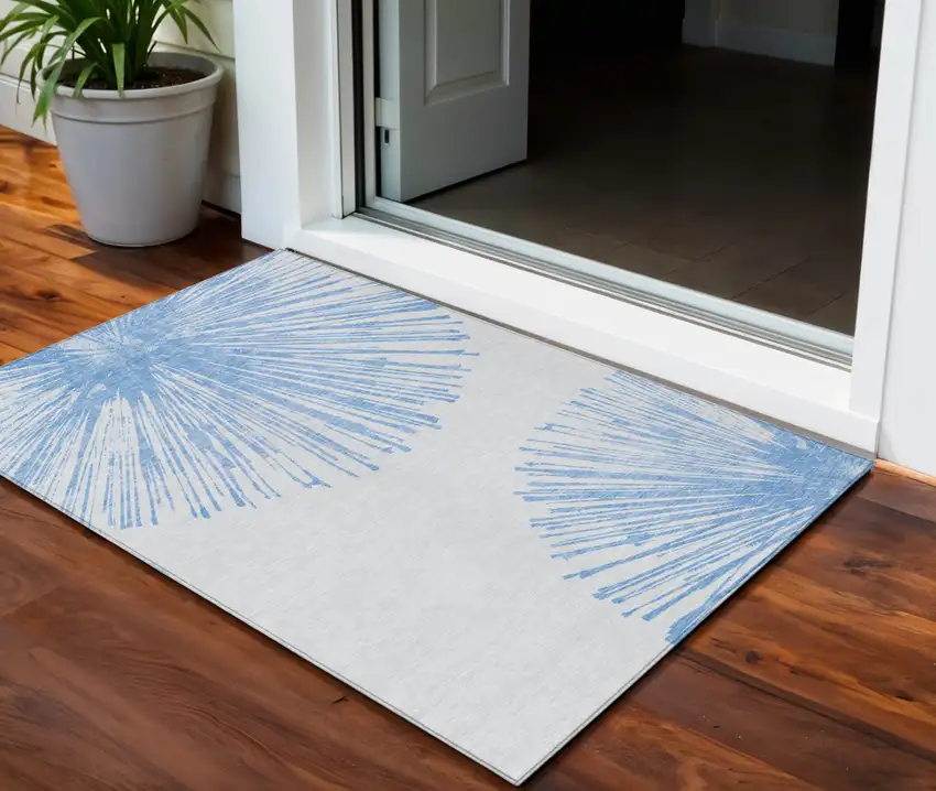 Denim Blue And Ivory Abstract Washable Indoor Outdoor Area Rug Photo 1
