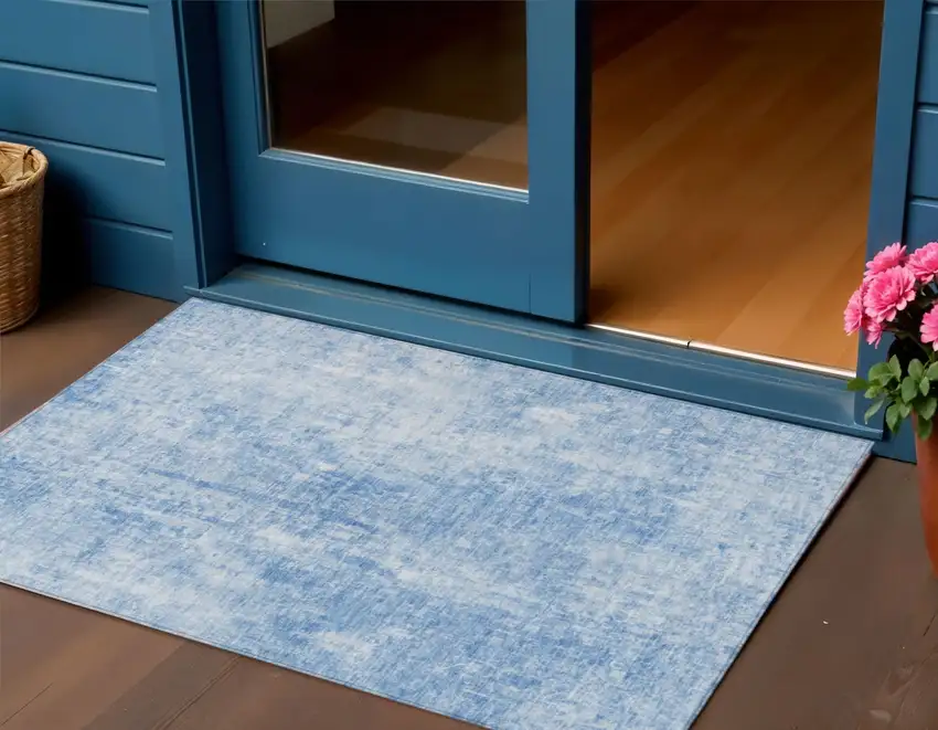 Denim Blue And Ivory Abstract Washable Indoor Outdoor Area Rug Photo 1