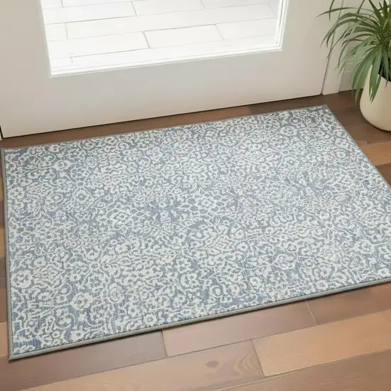 Denim Blue And Ivory Damask Washable Area Rug With UV Protection Photo 2