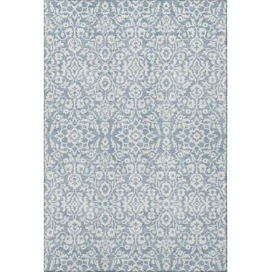 Denim Blue And Ivory Damask Washable Area Rug With UV Protection Photo 4