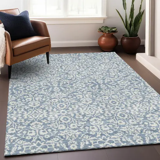 Denim Blue And Ivory Damask Washable Area Rug With UV Protection Photo 5