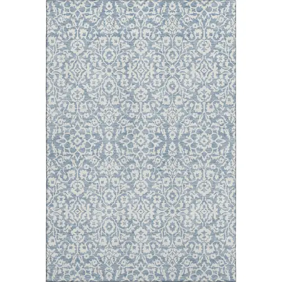 Denim Blue And Ivory Damask Washable Area Rug With UV Protection Photo 1