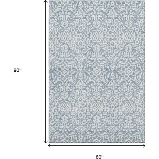 Denim Blue And Ivory Damask Washable Area Rug With UV Protection Photo 3