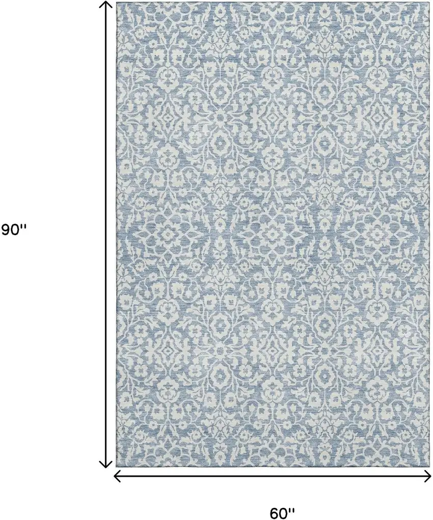 Denim Blue And Ivory Damask Washable Area Rug With UV Protection Photo 3