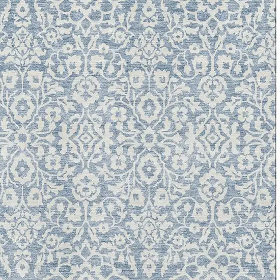 Denim Blue And Ivory Damask Washable Area Rug With UV Protection Photo 4