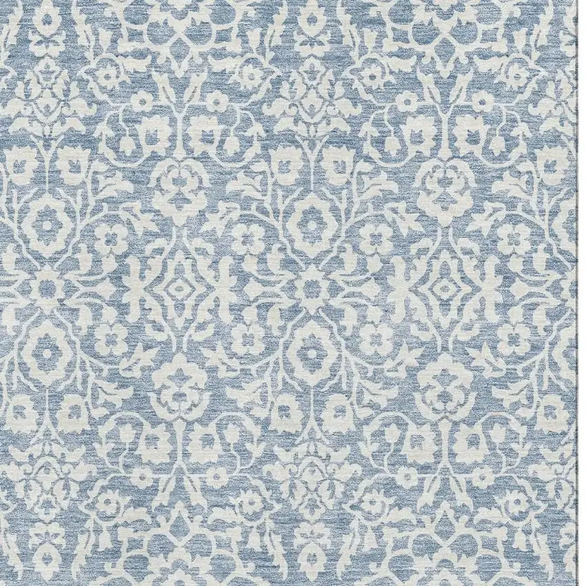 Denim Blue And Ivory Damask Washable Area Rug With UV Protection Photo 4