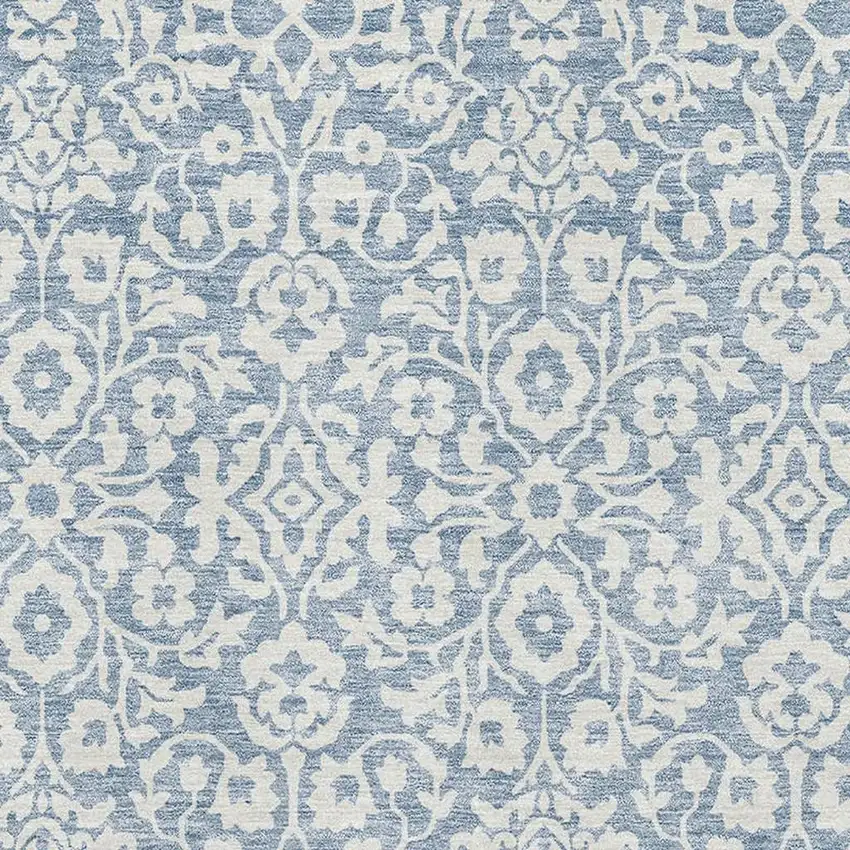 Denim Blue And Ivory Damask Washable Area Rug With UV Protection Photo 3