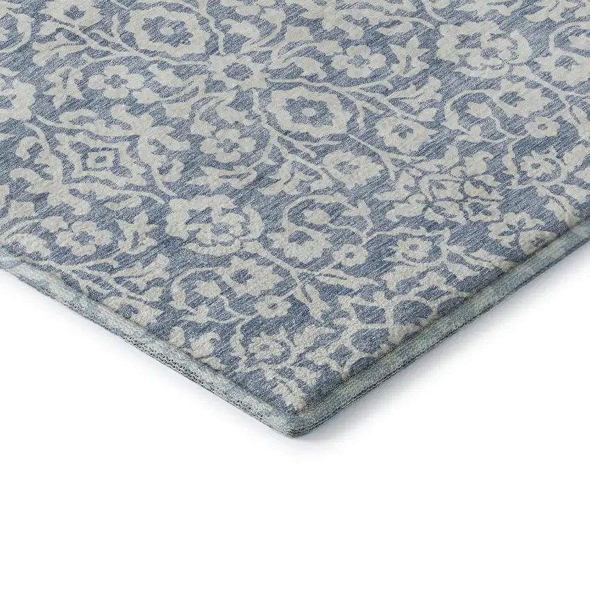 Denim Blue And Ivory Damask Washable Area Rug With UV Protection Photo 8