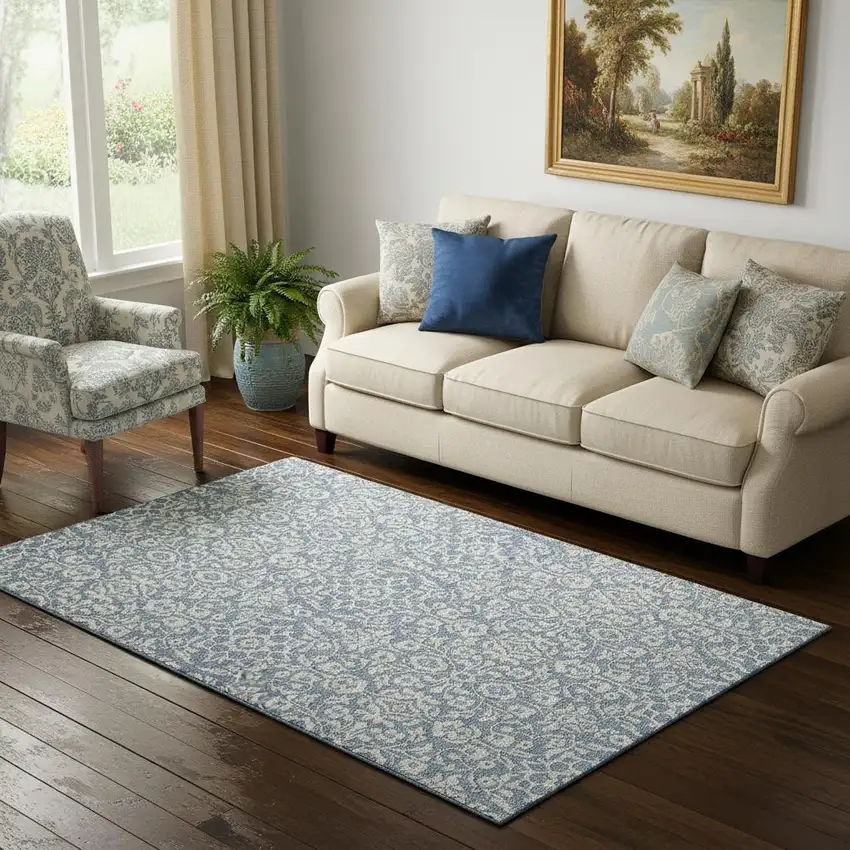 Denim Blue And Ivory Damask Washable Area Rug With UV Protection Photo 1