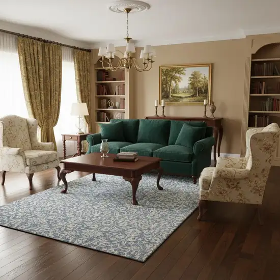 Denim Blue And Ivory Damask Washable Area Rug With UV Protection Photo 2