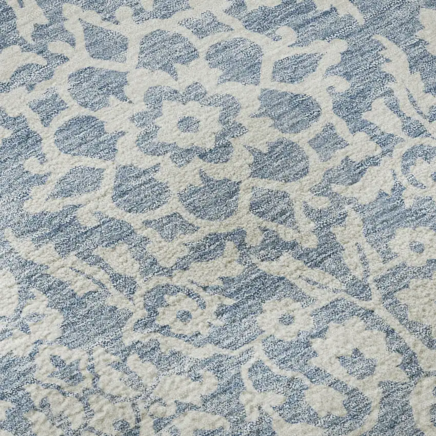 Denim Blue And Ivory Damask Washable Area Rug With UV Protection Photo 8