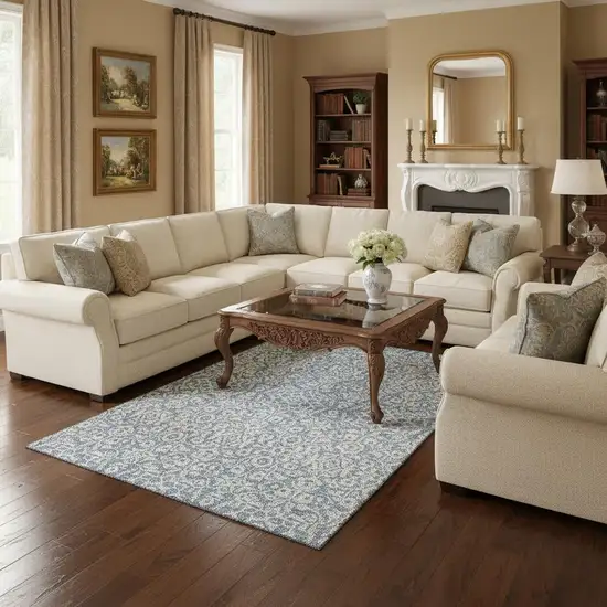 Denim Blue And Ivory Damask Washable Area Rug With UV Protection Photo 2